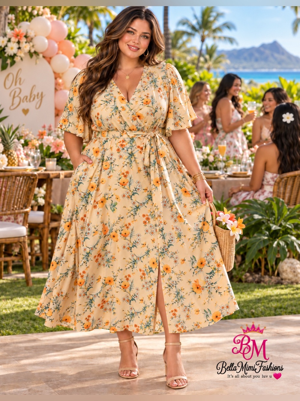 🌼 BloomChic Yellow Floral Wrap-Look Maxi Dress – Size 22/24 (3X) – NWT 🌼36
